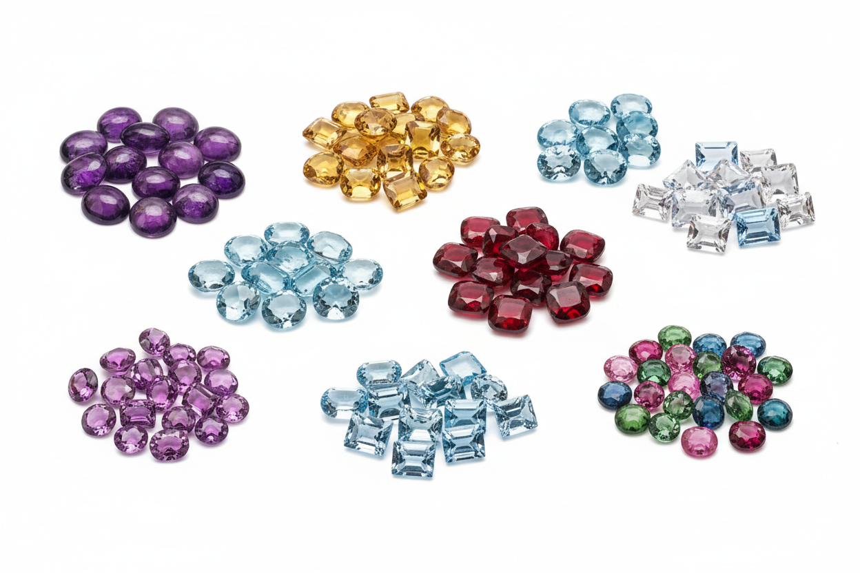 groups polished gemstones in white background