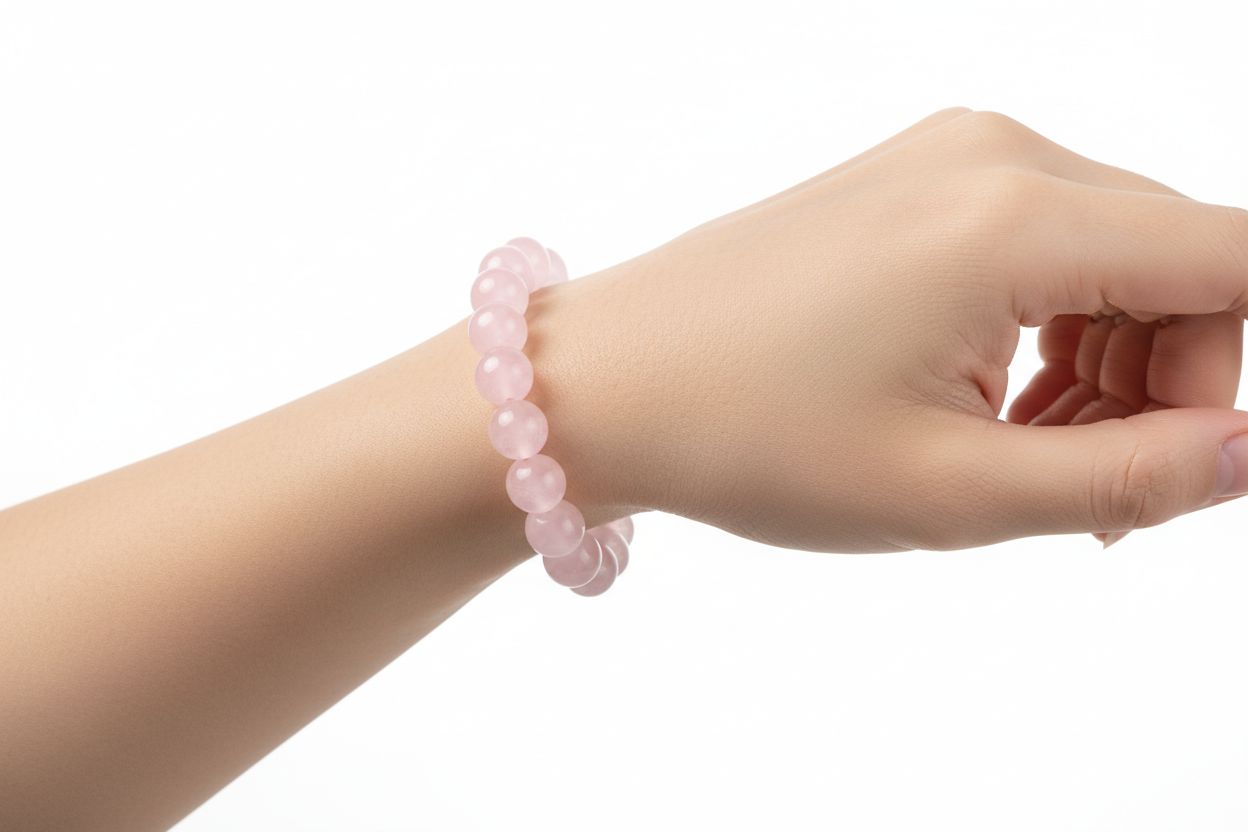 Natural Rose Quartz Bracelet wear in hand white background